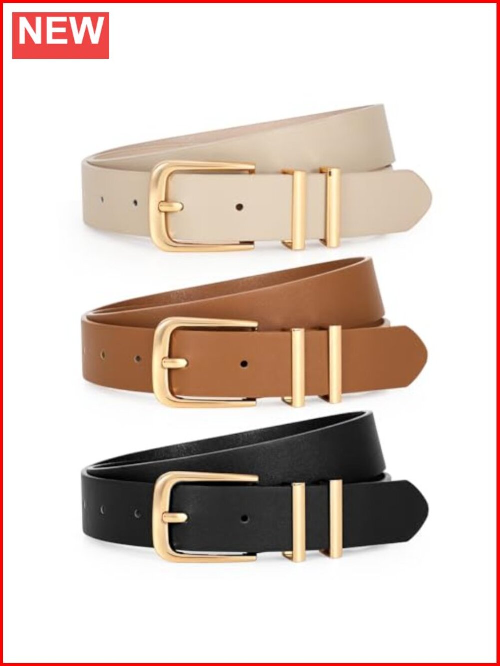 3 Pack Faux Leather Belts for Women Gold Buckle Jeans Dress Pants